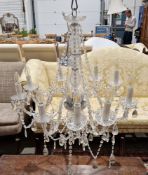 Contemporary glass nine branch electrolier / chandelier, with strings of faceted glass beads and