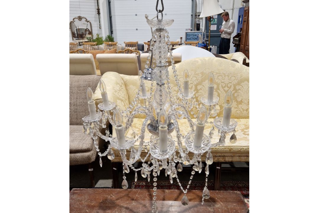 Contemporary glass nine branch electrolier / chandelier, with strings of faceted glass beads and