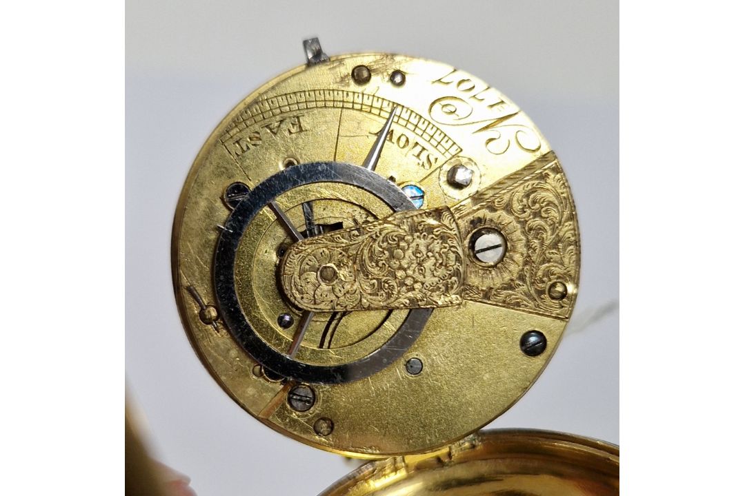 19th century gilt metal cased open-faced pocket watch, the gilt metal dial having raised Arabic - Image 5 of 5