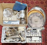 Collection of silver plate including boxed Elkington flatware, toast rack, calling card tray, two