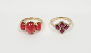 QVC 9ct gold and pink stone ring set three cabochon claw set pink stones (size P) and a QVC 9ct
