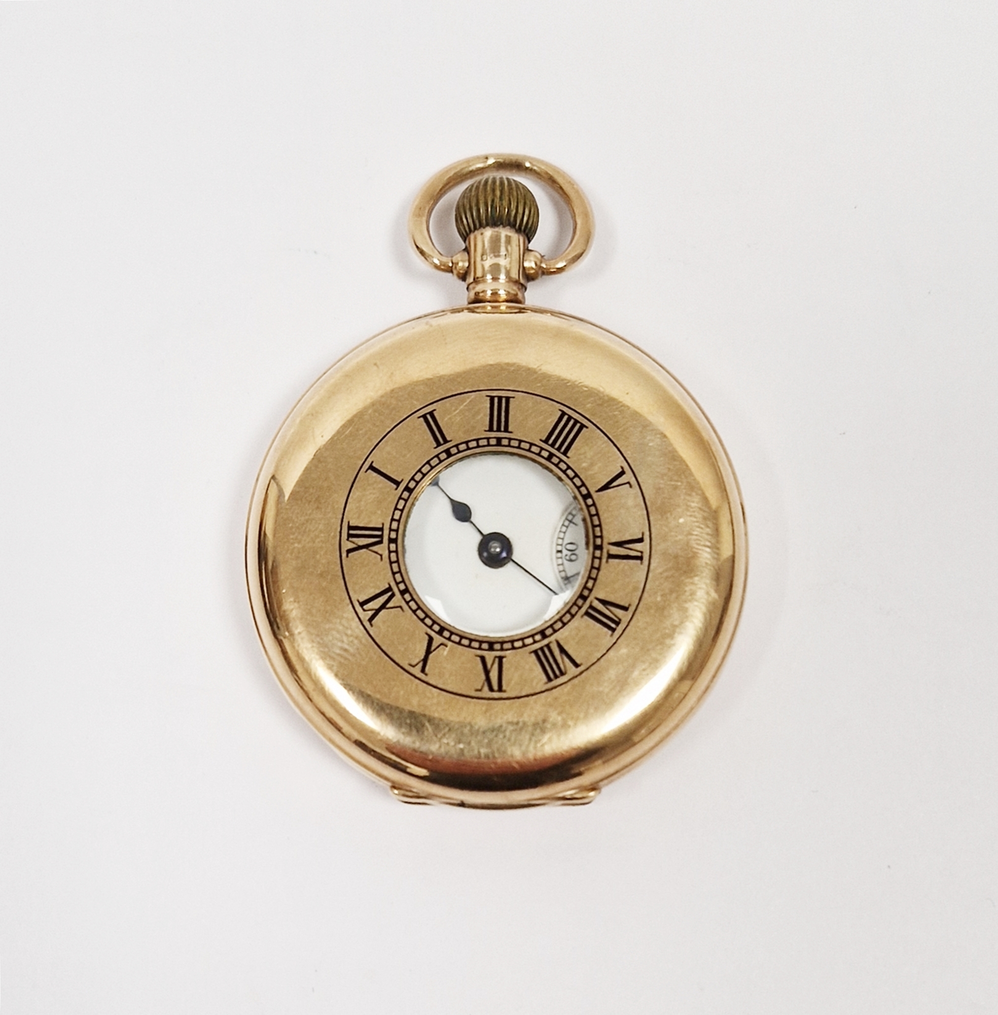 9ct gold cased half-hunter pocket watch by Waltham, the enamel dial with Roman numerals denoting