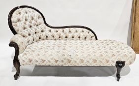 Victorian oak framed chaise longue, the shaped back with floral buttoned upholstery (upholstery to