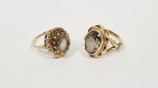 9ct gold smoky quartz ring, the oval cut stone in scroll mount (size P) and another gold and smoky