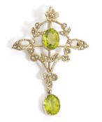 Victorian-style 9ct gold, peridot and pearl brooch of openwork design, set centre oval facet cut
