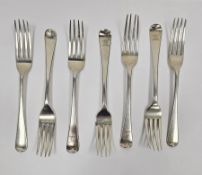 Matched set of seven George III silver table forks, London dating 1812 to 1818, various makers,