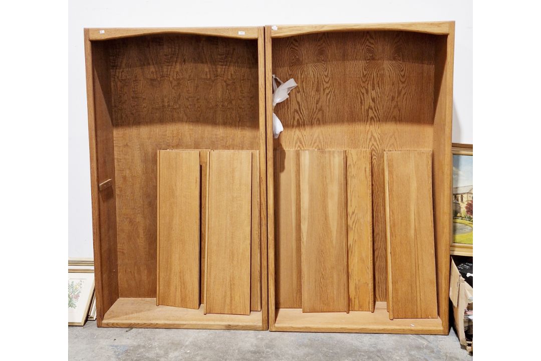 Pair of modern oak bookcases, each with five adjustable shelves, 107cm wide x 33cm deep x 183cm high