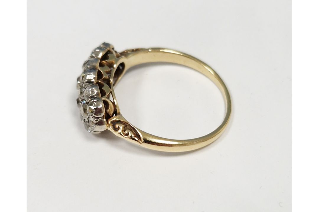 Antique gold and diamond multiple cluster ring set old cut diamonds within triple flowerhead setting - Image 4 of 9