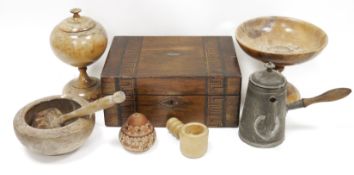 Victorian walnut sewing box with Tunbridge ware style inlay (a/f), 30cm long together with a