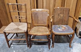 Three chairs including an early 20th century walnut bedroom elbow chair, the bergère back with