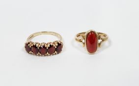 Gold and garnet five-stone cluster ring (size N) and a 9ct gold and garnet-coloured stone ring set