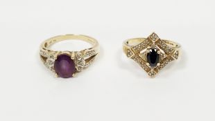 9ct gold, sapphire and white stone dress ring, lozenge-shaped and a 9K gold, amethyst-coloured and