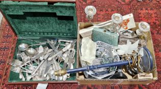 Collection of metalware and other items including wooden cased part canteen of Dubarry pattern