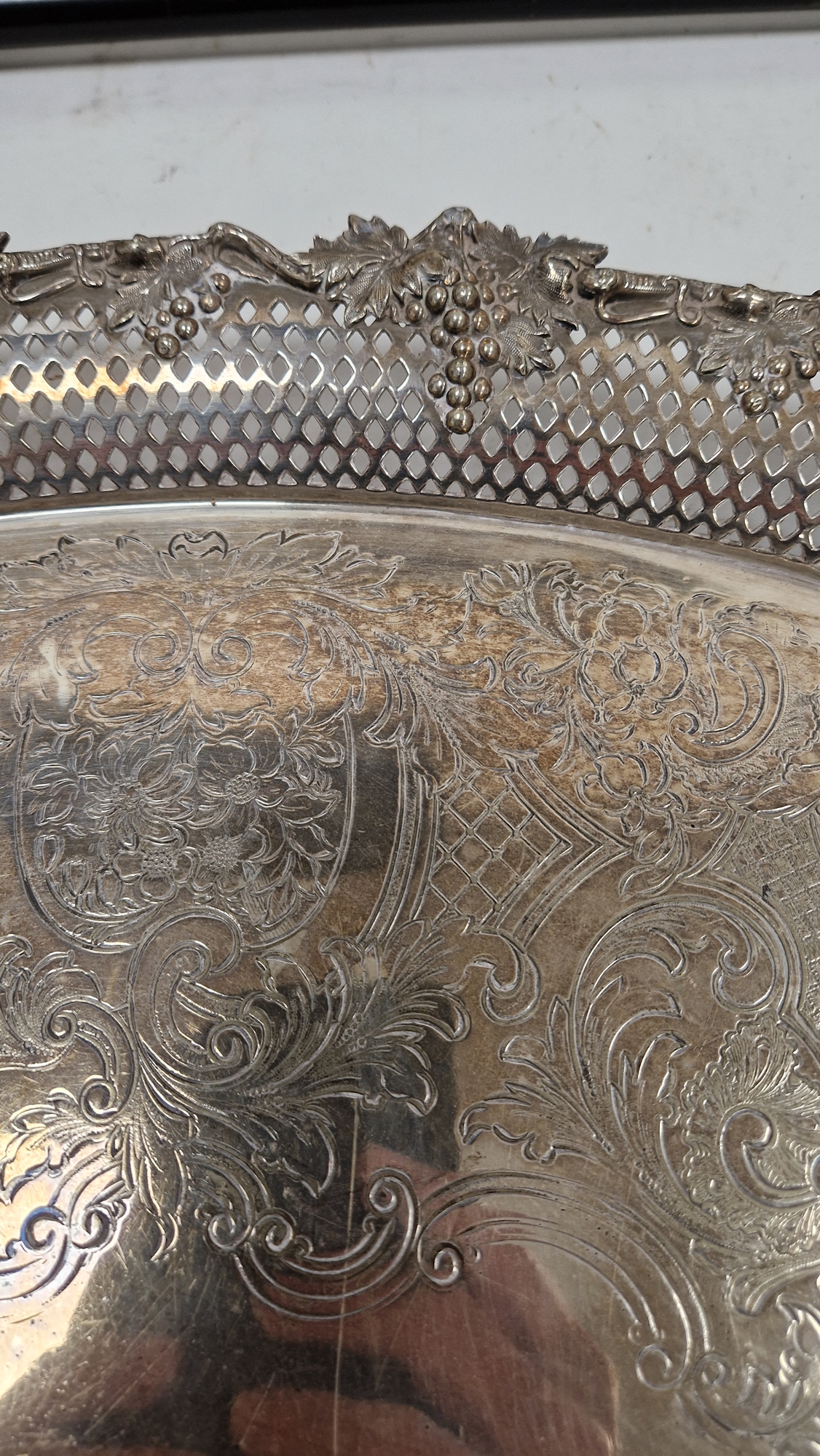 Late 19th / early 20th century silver plated serving tray of oval form, the border and twin- - Image 6 of 20