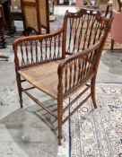 19th century fruitwood side elbow chair with twisted cane spindle back and wicker seat, 48cm wide