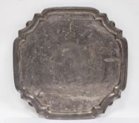 Silver salver, Sheffield 1936, Walker & Hall, of square form with shaped canted corners and raised