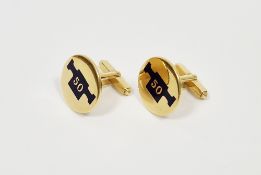 Pair 9ct gold and enamel cufflinks, the circular end enamelled and numbered '50', with hinged bar,