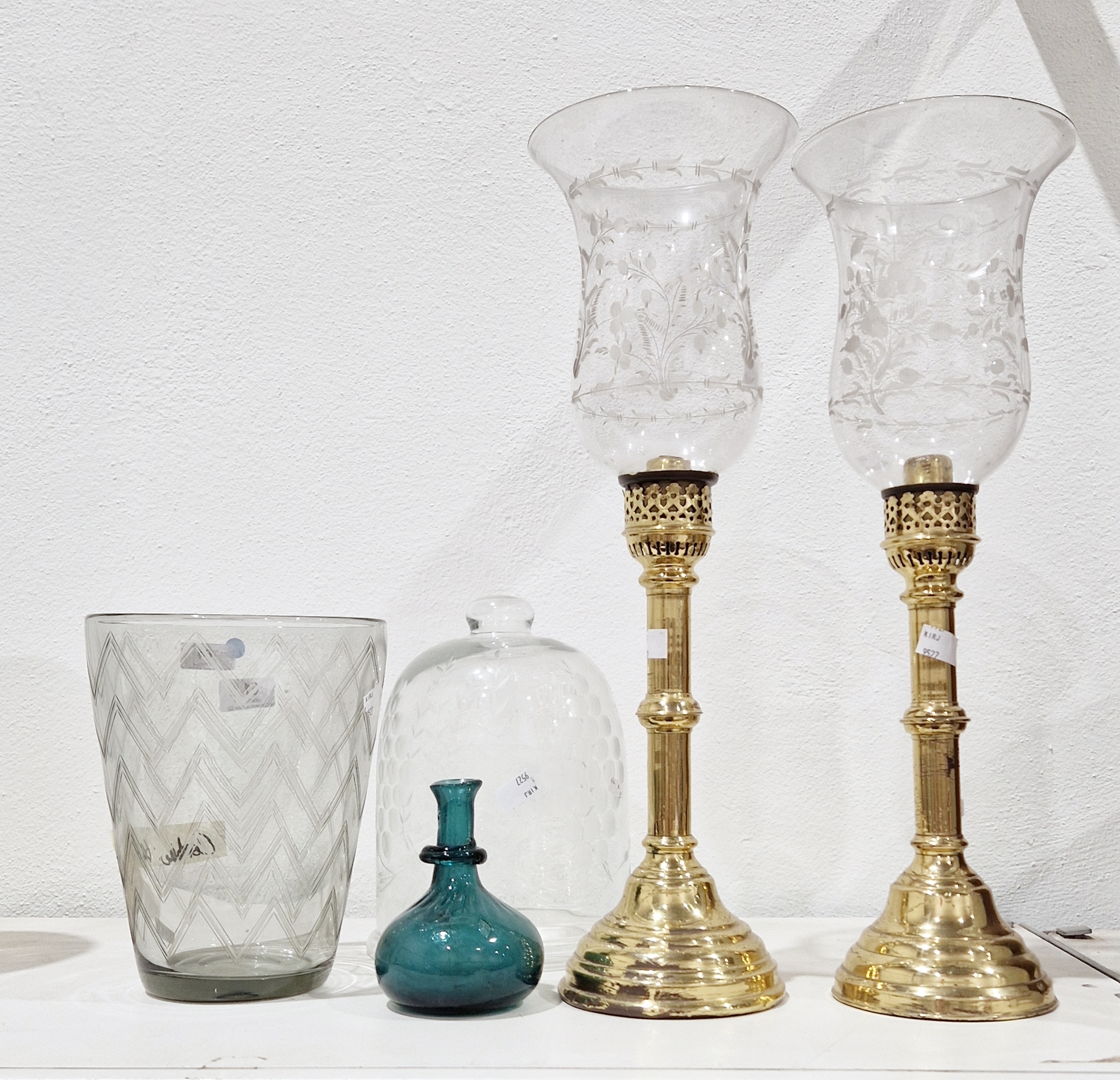 Pair of late 19th/early 20th century brass storm lanterns with acid-etched glass shades, possibly