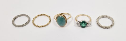 9ct gold, silver, green and white stone dress ring, 9ct gold and blue stone dress ring set