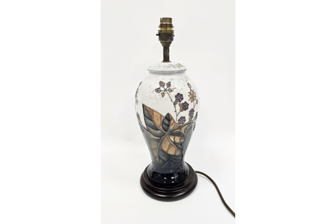 Moorcroft pottery 'Bramble' pattern baluster lamp base designed by Sally Tuffin, electrified, with