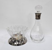 Carr's of Sheffield sunburst shaped glass bowl held on a silver stand with wooden base, Sheffield