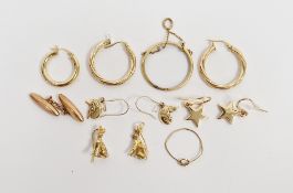 Collection of 9ct gold jewellery including pair of 9ct gold hoop earrings, pair of 9ct gold earrings