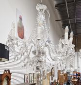 Contemporary glass nine branch electrolier / chandelier, with strings of faceted glass beads and