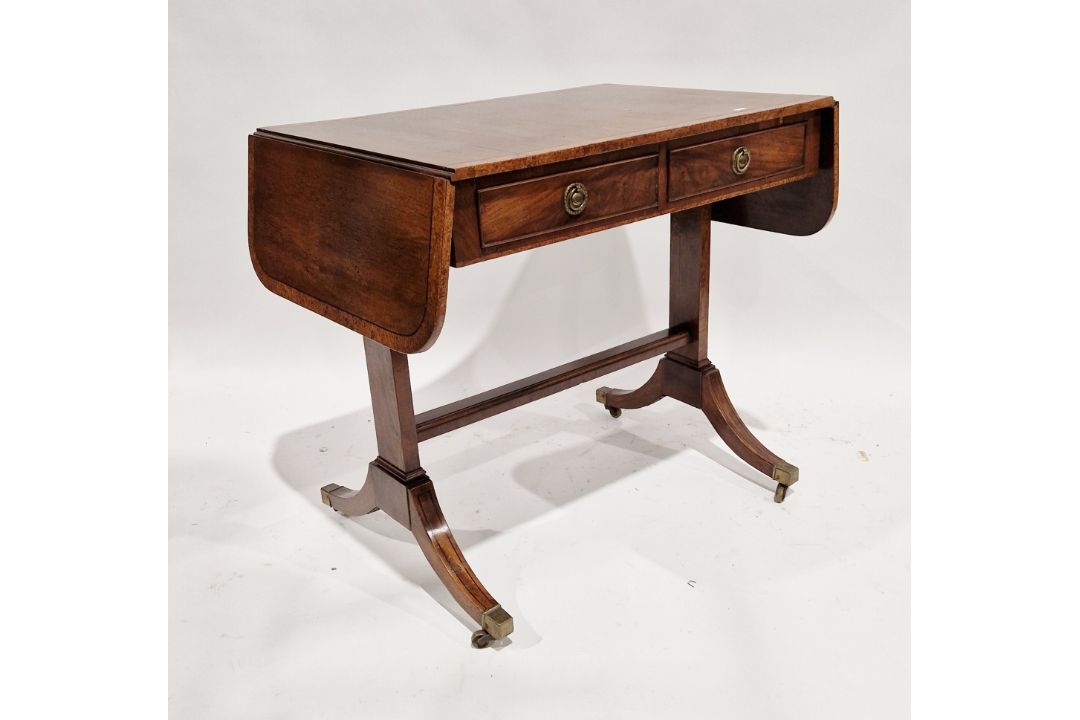 19th century mahogany and burr walnut cross-banded drop-flap sofa table, the top with ebony string