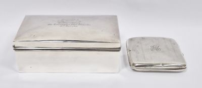Silver-mounted cigarette box with inscription, rectangular and plain, Birmingham 1928 and a silver
