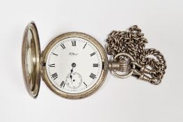 George V silver half hunter pocket watch by Waltham, the enamel dial with Roman numerals denoting