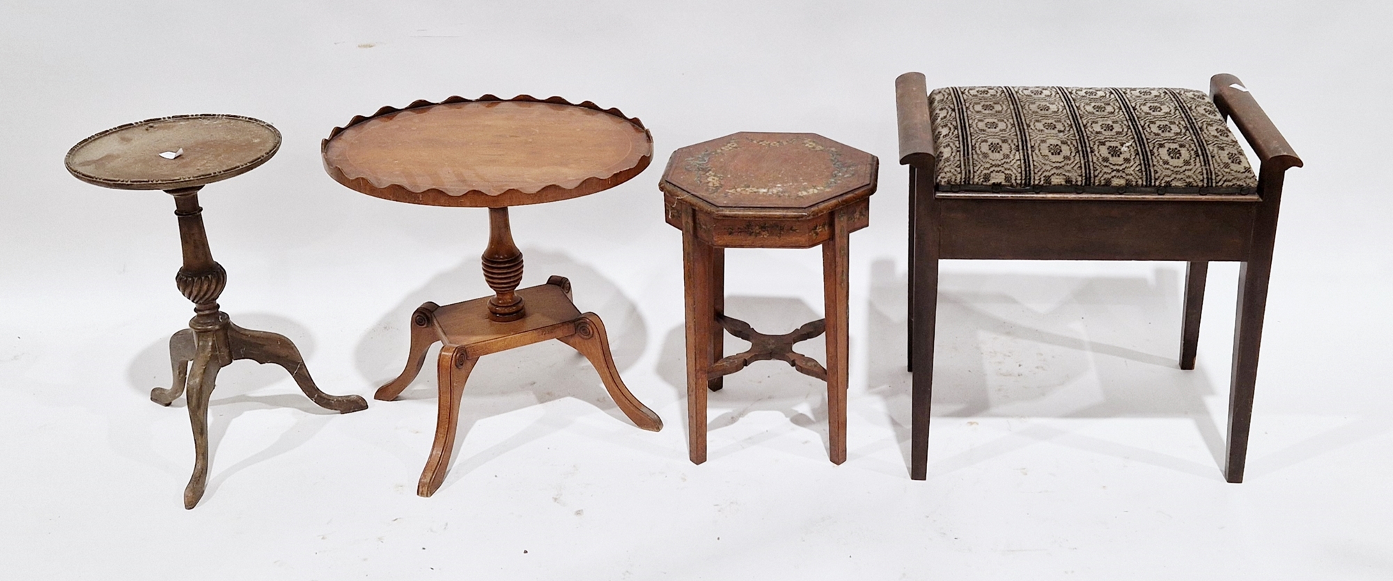 Collection of three small tables and a piano stool including a mahogany circular wine table raised