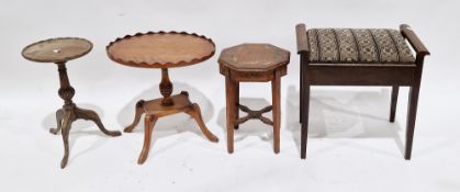 Collection of three small tables and a piano stool including a mahogany circular wine table raised