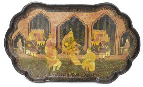 Indo-Persian black lacquered papier-mache tray, of rectangular outline with scalloped ends,