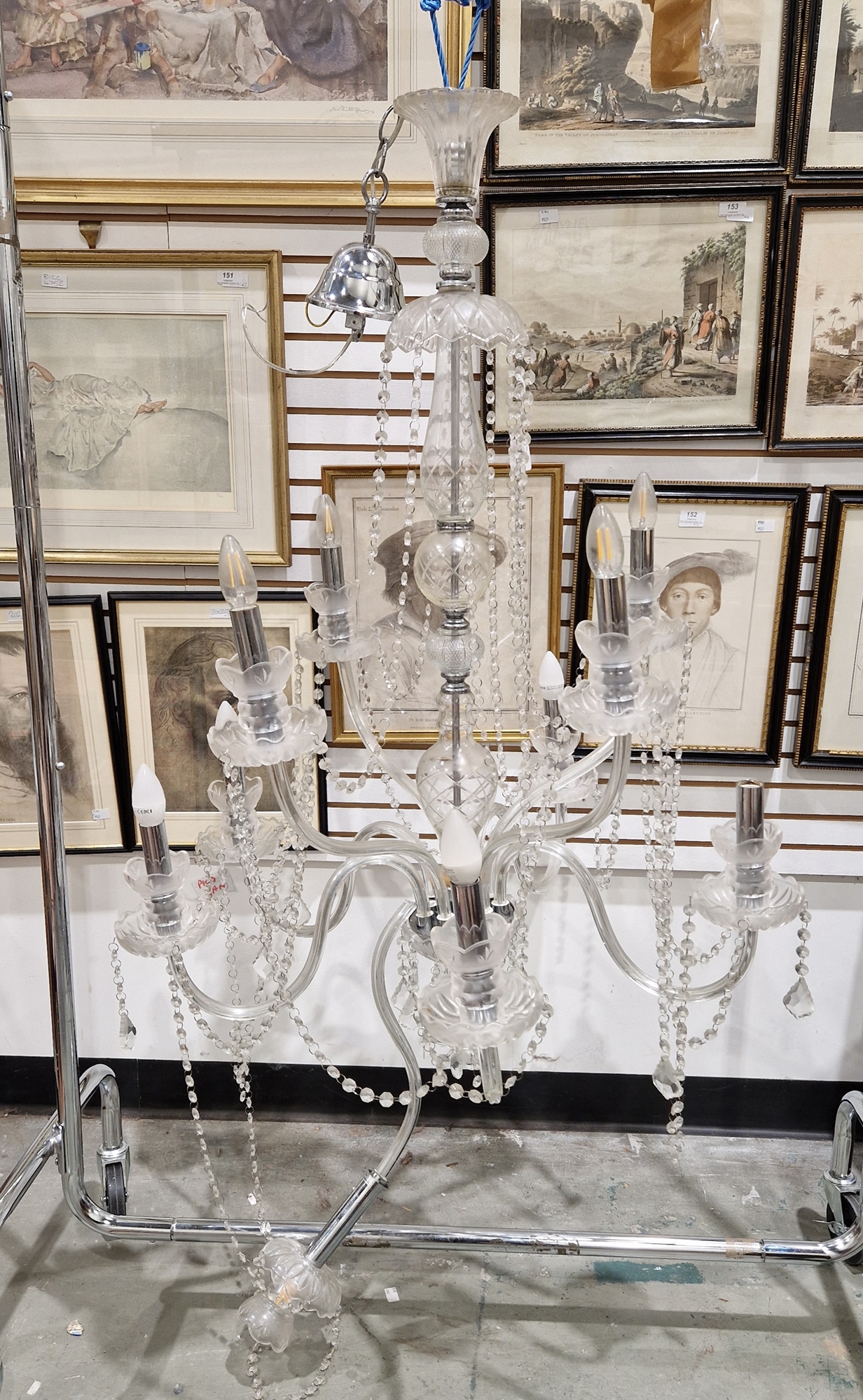 Contemporary glass electrolier / chandelier, comprising a glass and glass effect covered stem