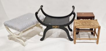 Collection of three stools including a painted X-frame stool, a white painted dressing stool with