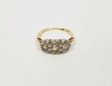 Antique gold and diamond multiple cluster ring set old cut diamonds within triple flowerhead setting