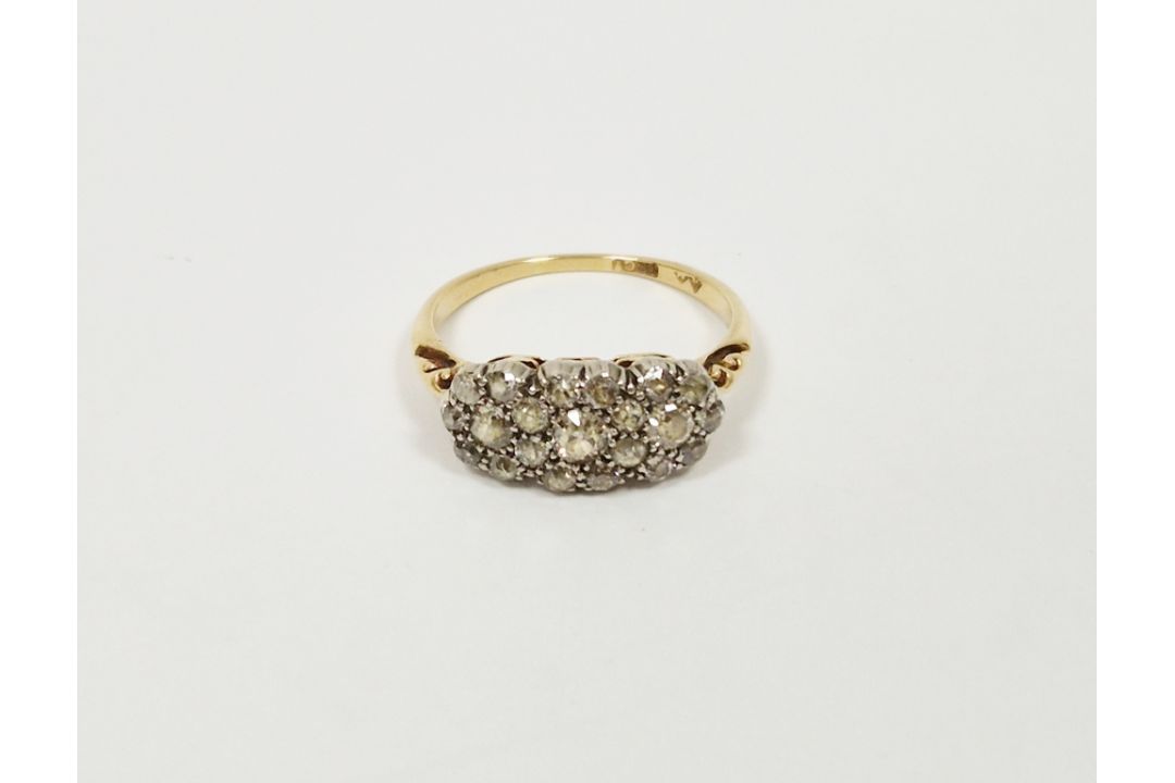 Antique gold and diamond multiple cluster ring set old cut diamonds within triple flowerhead setting - Image 1 of 9