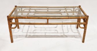 Contemporary bamboo and wicker conservatory coffee table with glass inset top, 121cm long x 51cm