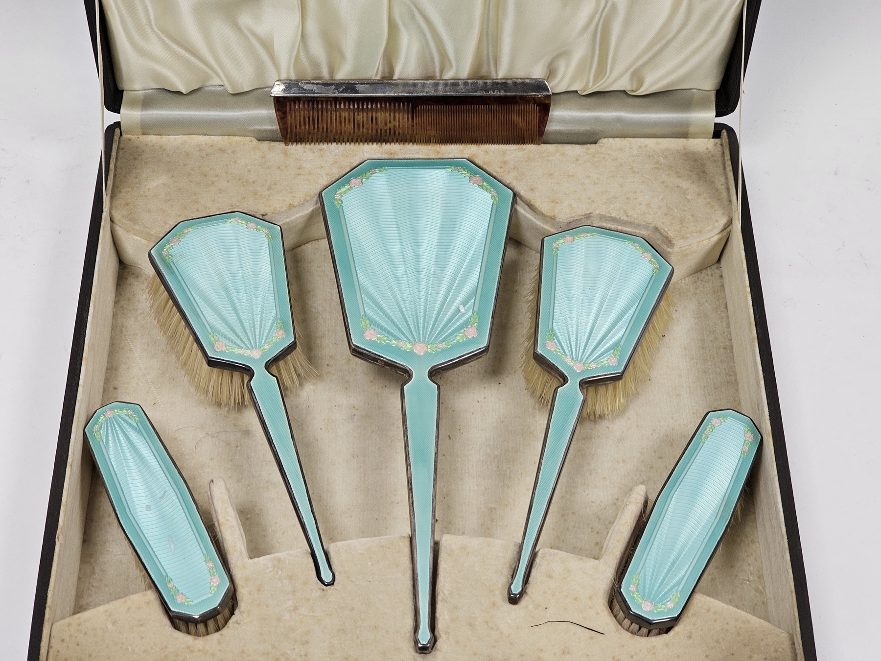 Silver and turquoise green guilloche enamel five-piece dressing table set, Birmingham 1940, WI - Image 2 of 4