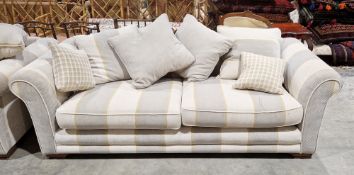 Newport Grand Sofa retailed by Lee Longlands of Cheltenham, upholstered in a striped grey, cream and