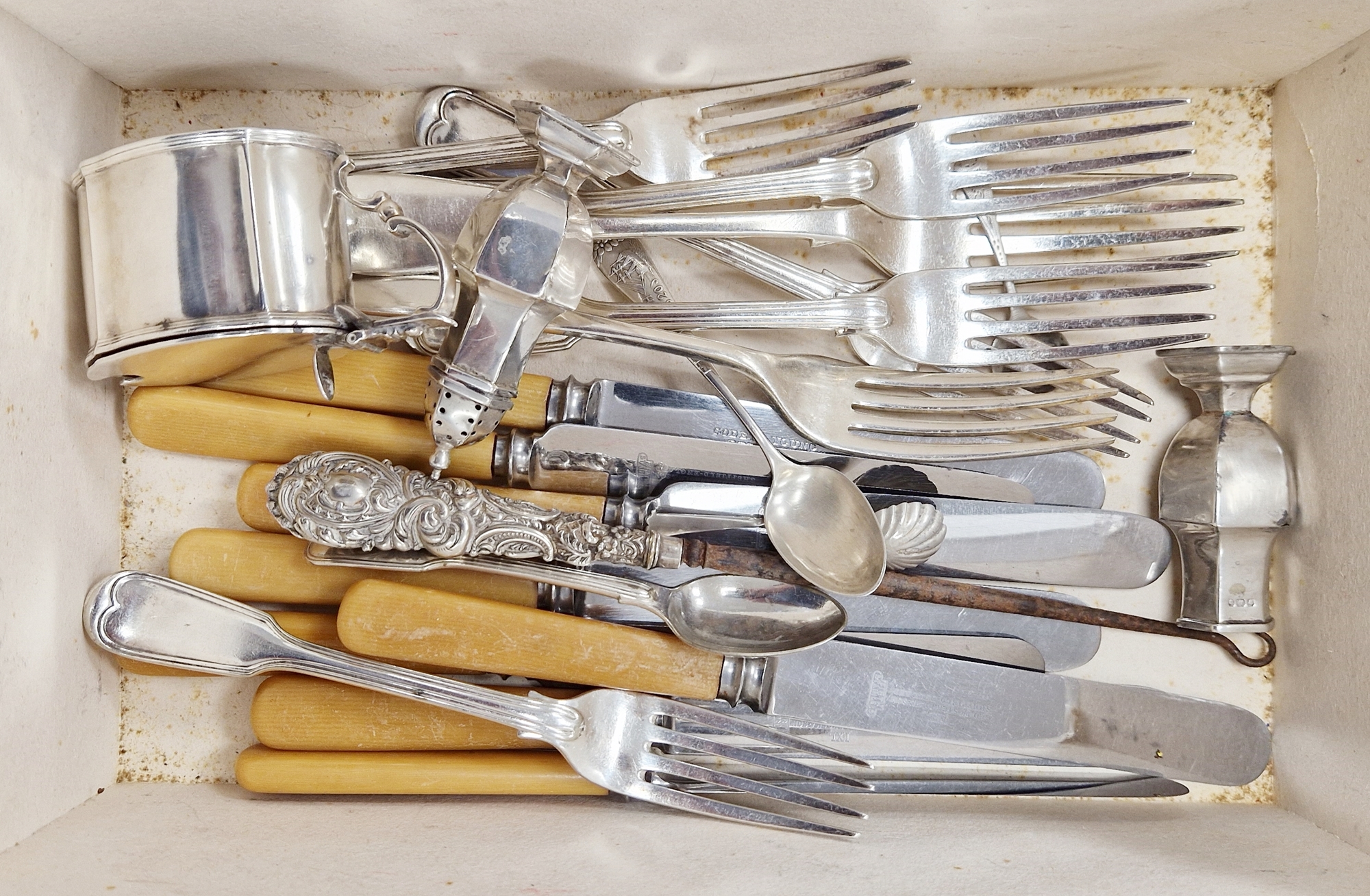 Collection of silver items including Edward VII silver mustard pot with blue glass liner, London
