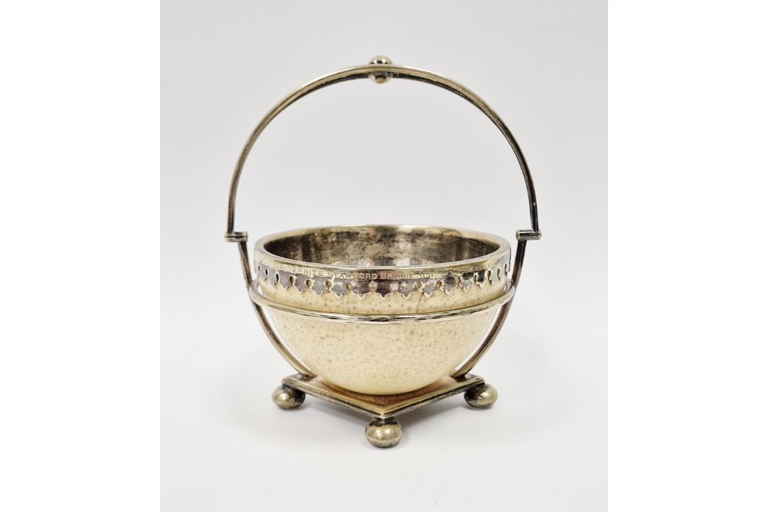 Victorian half ostrich egg and silver plated trophy in the form of a bowl with silver plated