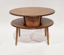 Mid century Morco Product teak sewing/coffee table of two-tier oval form, having a fabric lined