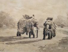 Nora Scott (19th century) Watercolour en grisaille Two elephants with howdahs, signed and dated 1888