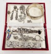 Collection of silver and marcasite jewellery including silver hinged bangle, Birmingham 1963, pair