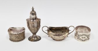 Collection of silver items including Edward VII silver salt, Birmingham 1901, silver pepper pot