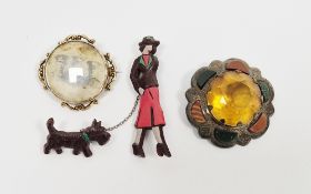 Gold-coloured metal brooch set photo of three soldiers with scroll border, a sterling silver