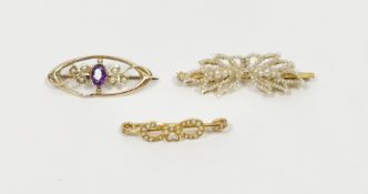 Gold-coloured metal and seedpearl small loop and flowerhead brooch, a gold, amethyst and seedpearl