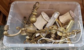 Collection of gilt brass light fittings including a three-branch electrolier, 41cm wide, two pairs