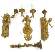 Pair of Brass figural single branch wall lights mounted with putti, 37cm high together with a single